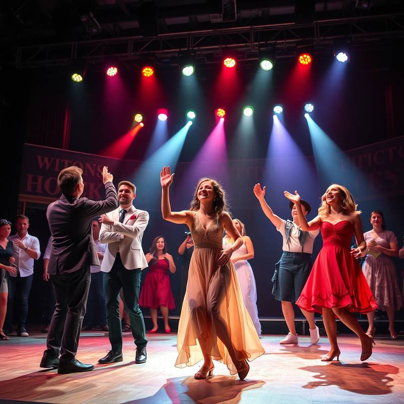 Actores cantando y bailando en una escena de teatro musical