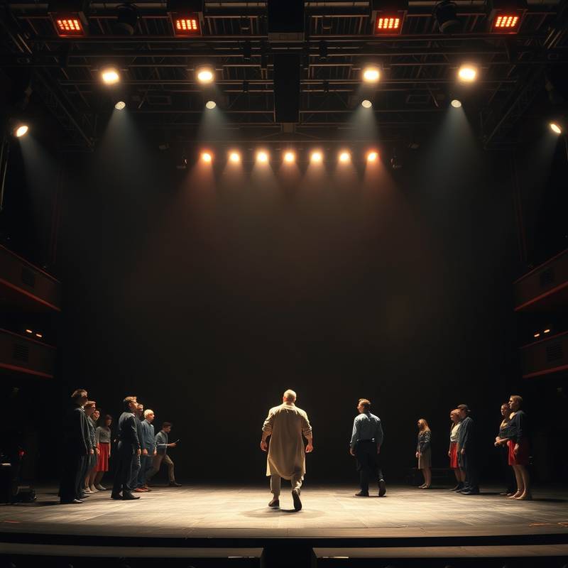 Escena teatral con varios actores en plena representación