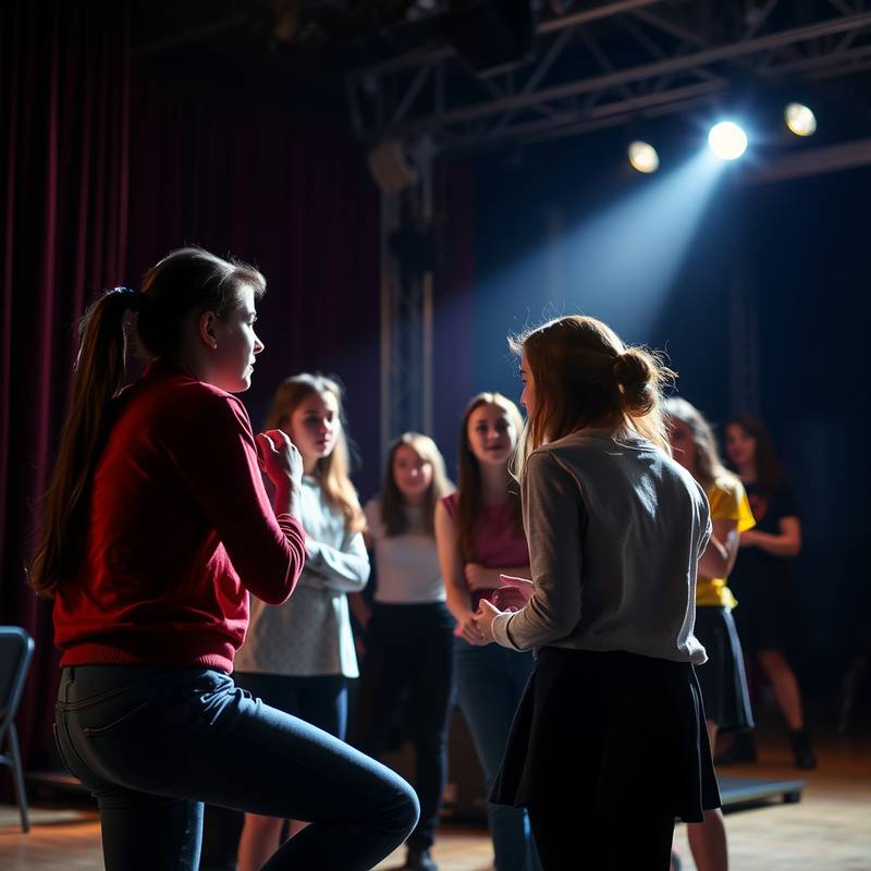 Estudiantes actuando en una obra de teatro clásica
