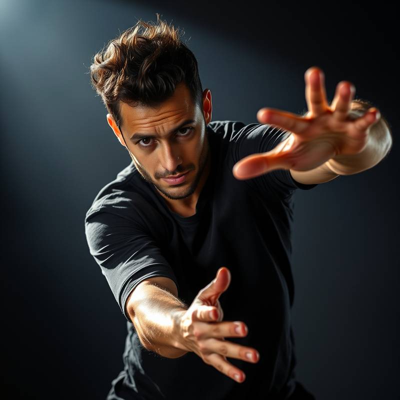 Fotografía de David López, instructor de danza contemporánea, en una pose dinámica.