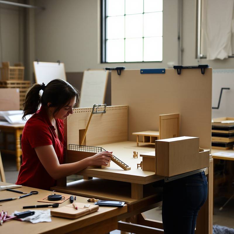Fotografía de Isabel García, instructora de diseño escénico, trabajando en una maqueta de un escenario.