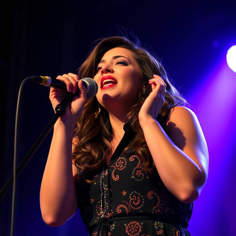 Fotografía de Laura Martínez, instructora de canto y técnica vocal, cantando con pasión.