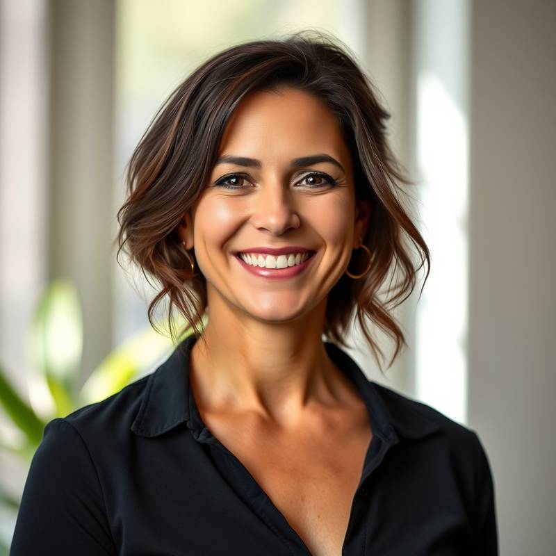 Fotografía de María Fernández, instructora de actuación, sonriendo amigablemente.