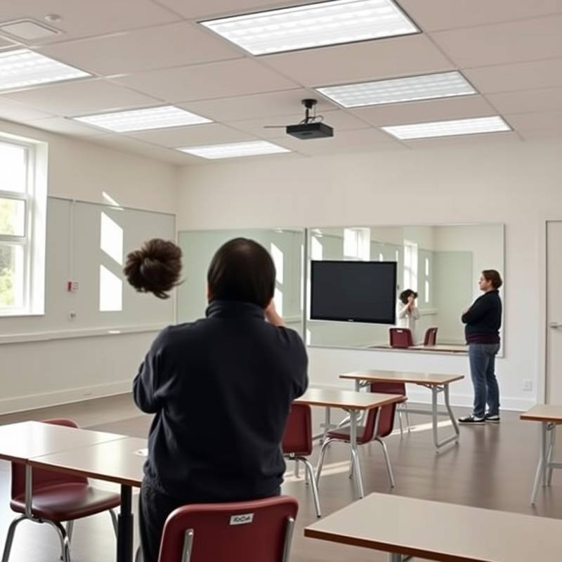 Fotografía de un aula de actuación con espejos y espacio para movimiento