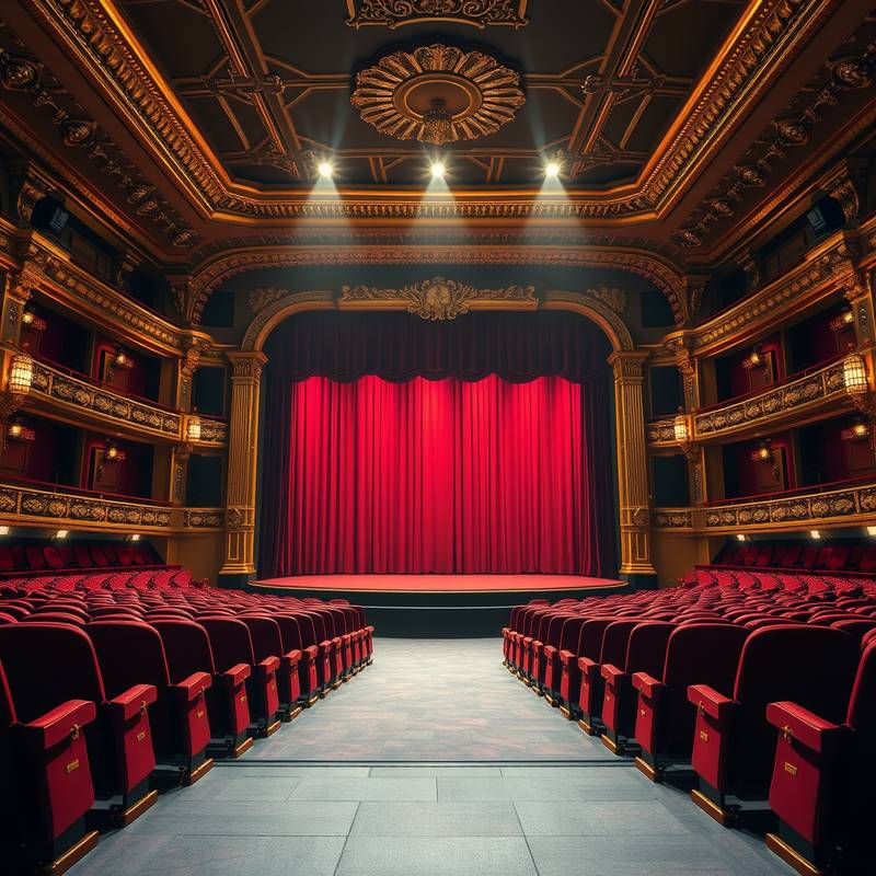 Fotografía del Teatro El Telón Dorado con butacas rojas y escenario iluminado