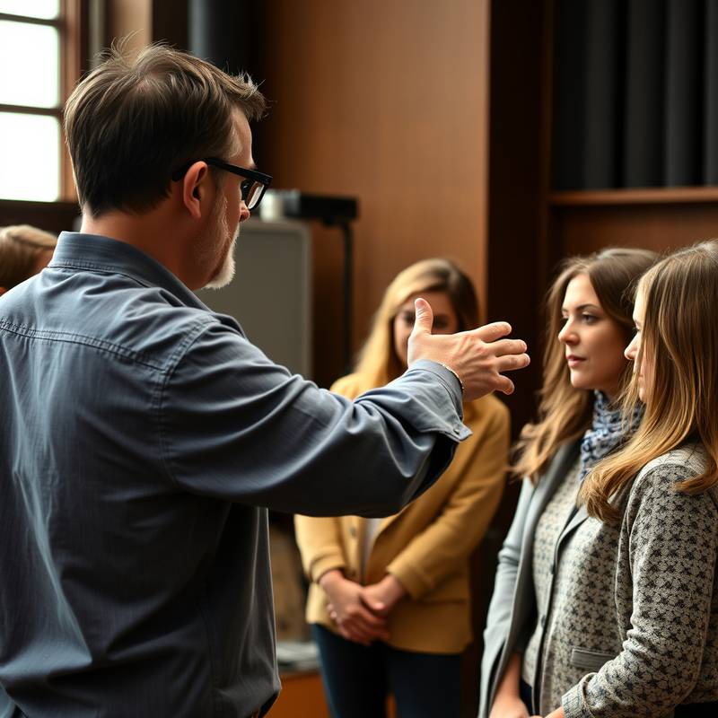 Un director de teatro dando indicaciones a los actores durante un ensayo