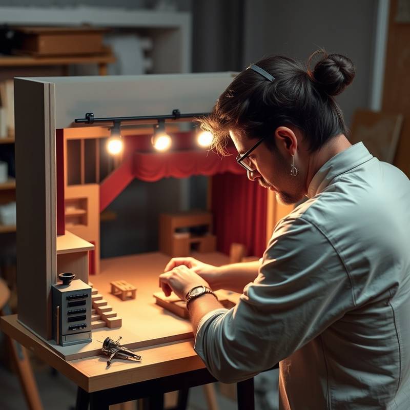 Un diseñador escénico trabajando en una maqueta de un escenario teatral
