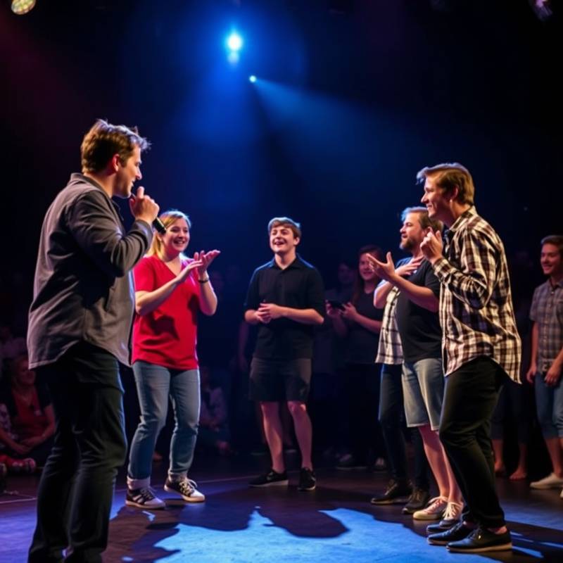 Un grupo de personas realizando ejercicios de improvisación teatral en un escenario
