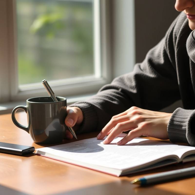Una persona escribiendo un guión en un escritorio con una taza de café